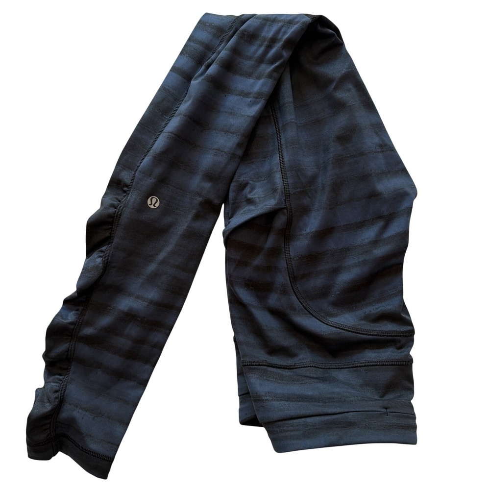 Lululemon Ruched Leggings Women 4 Black Blue Stripe Gorpcore Activewear Gym Yoga